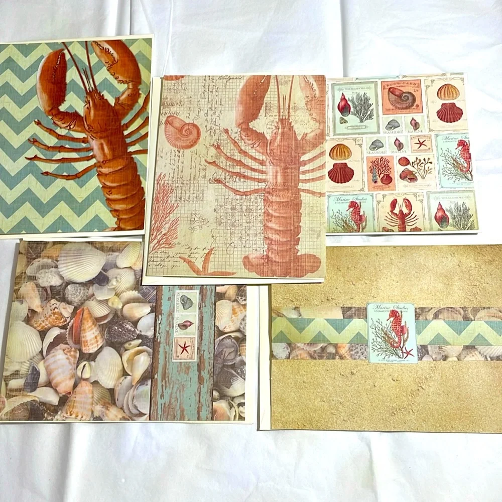 Set of 5 coastal seashells lobster greeting cards